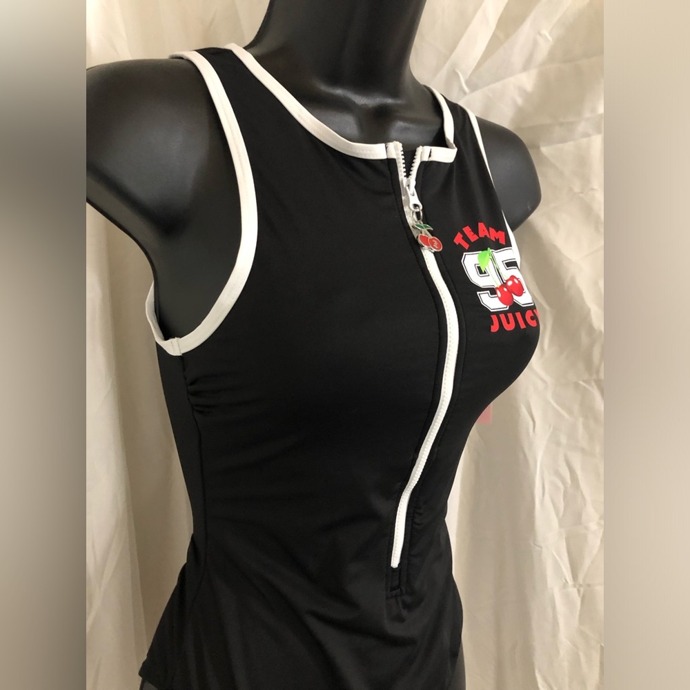 Juicy Couture black white trim zip front juicy logo zip pull swimsuit Size Small